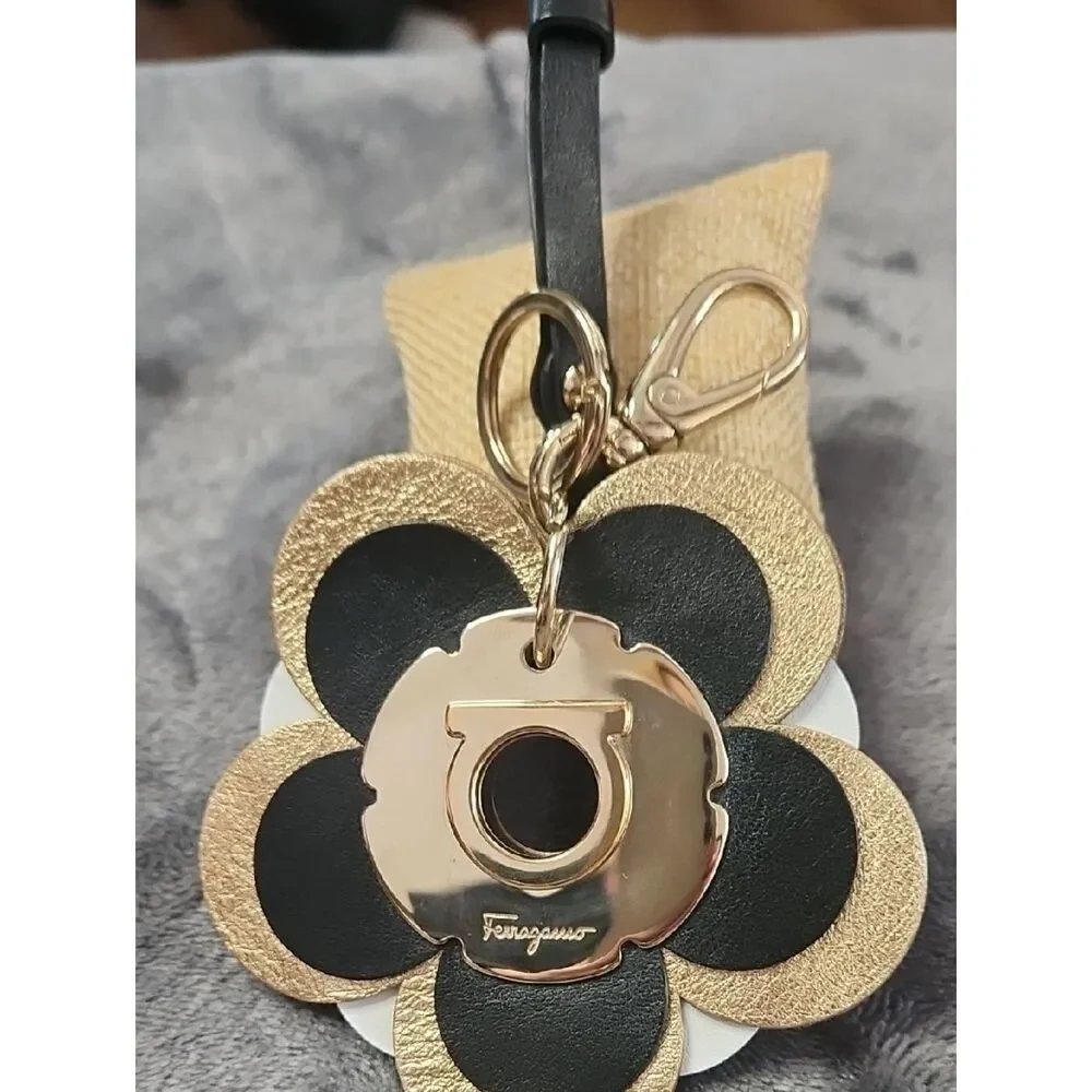 Salvatore Ferragamo Black & Gold Leather Flower Key Holder